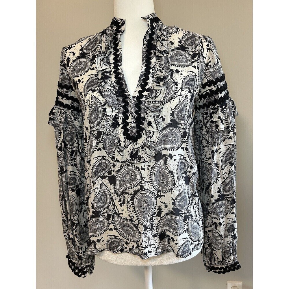 DODO BAR OR 100% Silk Paisley Print Blouse Black & White Womens Sz 40 EUC